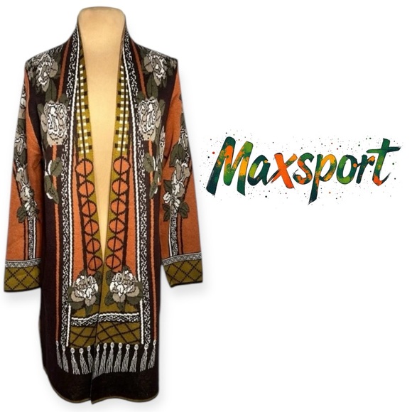MAXSPORT 70’s inspired brown orange long open front cardigan sweater size Large - Picture 1 of 10